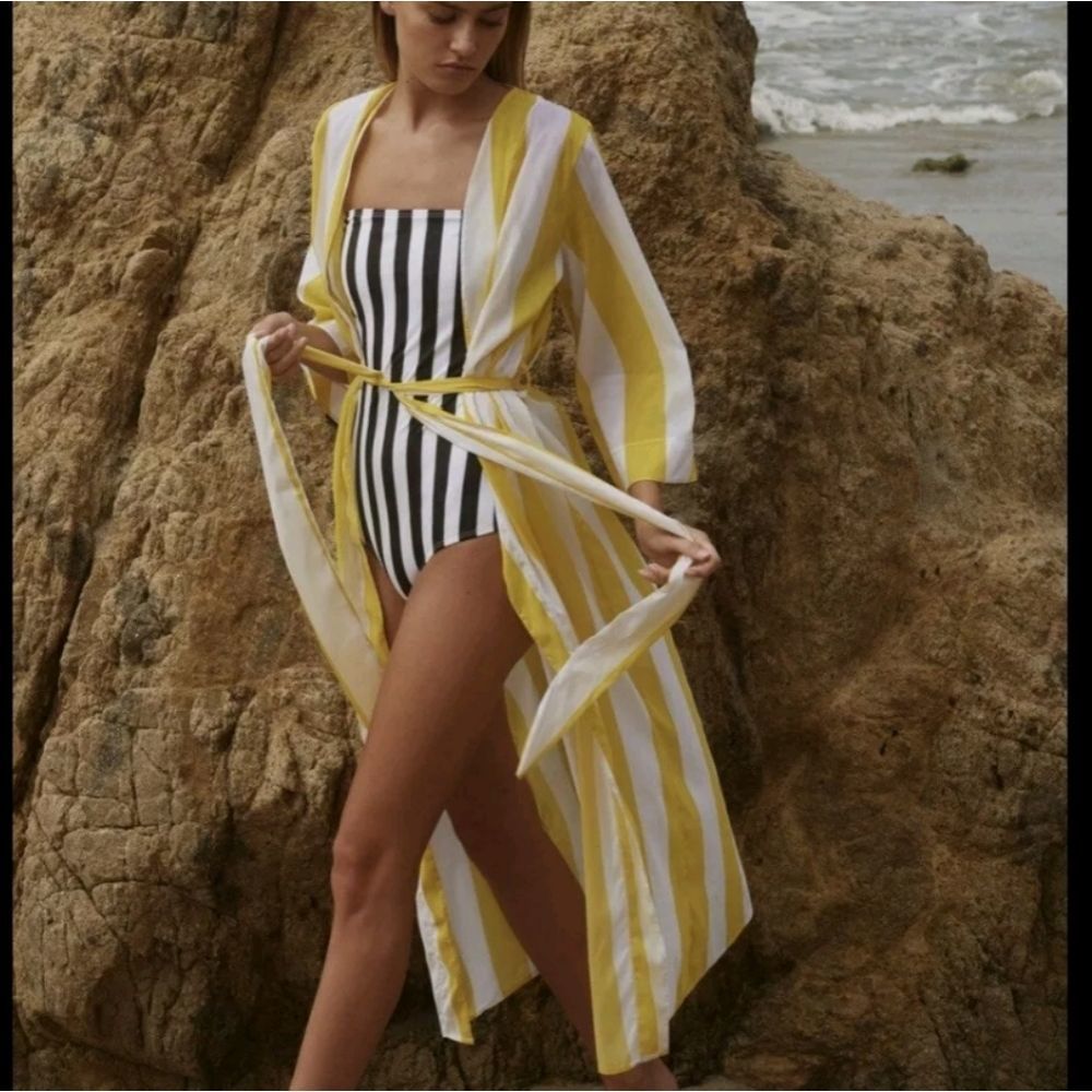 VERDELIMON Striped Voile Cover Up Robe - Yellow